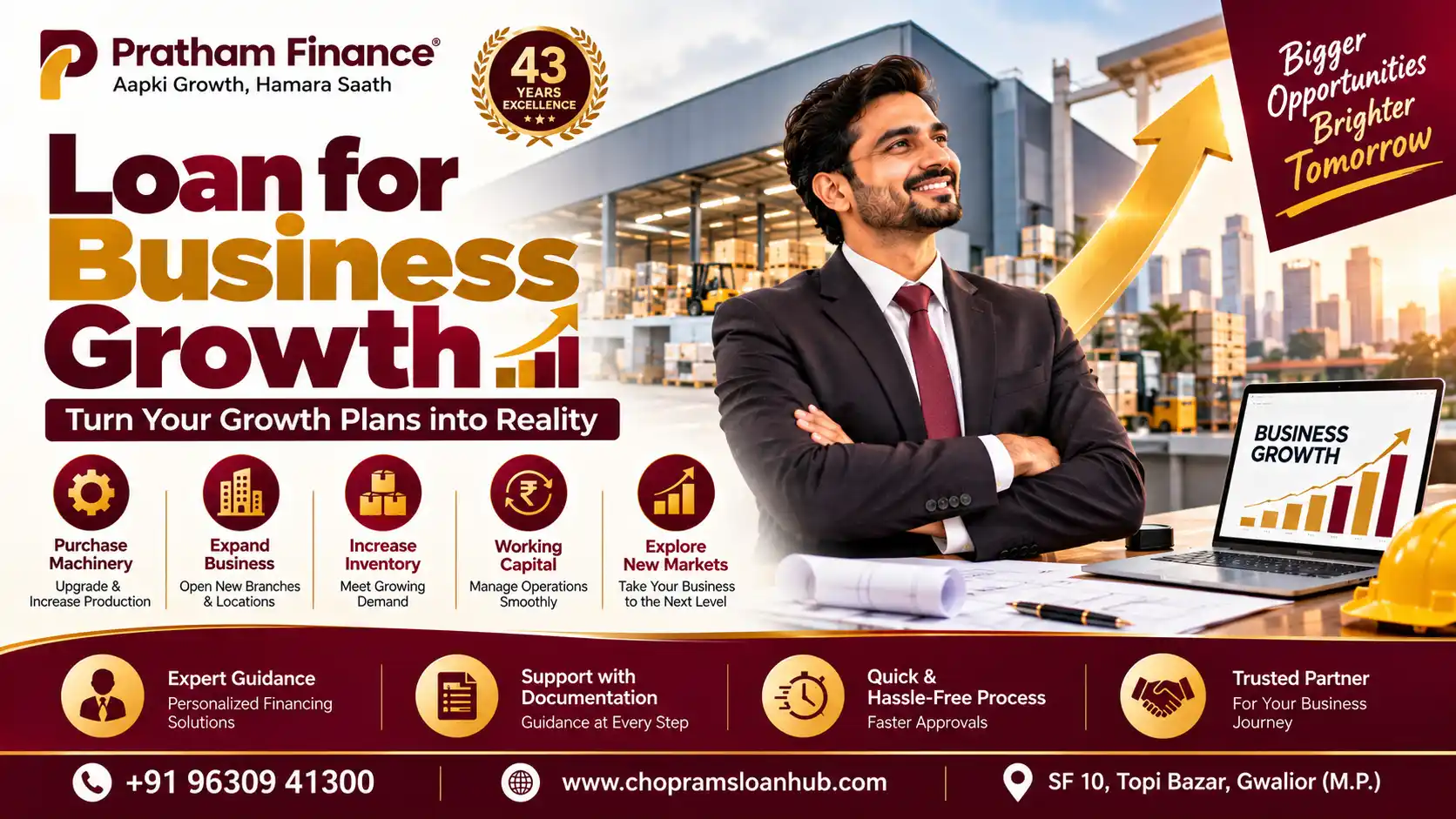 Loan for business growth to support machinery purchases, working capital and business expansion by Pratham Finance, Gwalior.