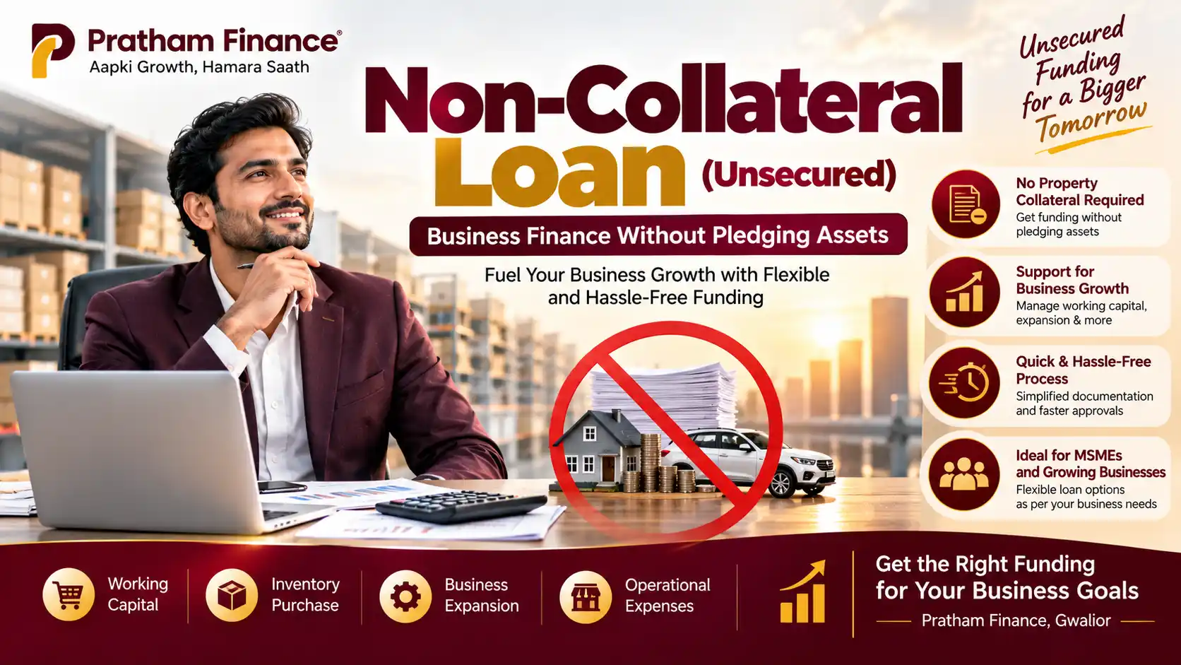 Non-collateral business loan for MSMEs and business expansion by Pratham Finance, Gwalior